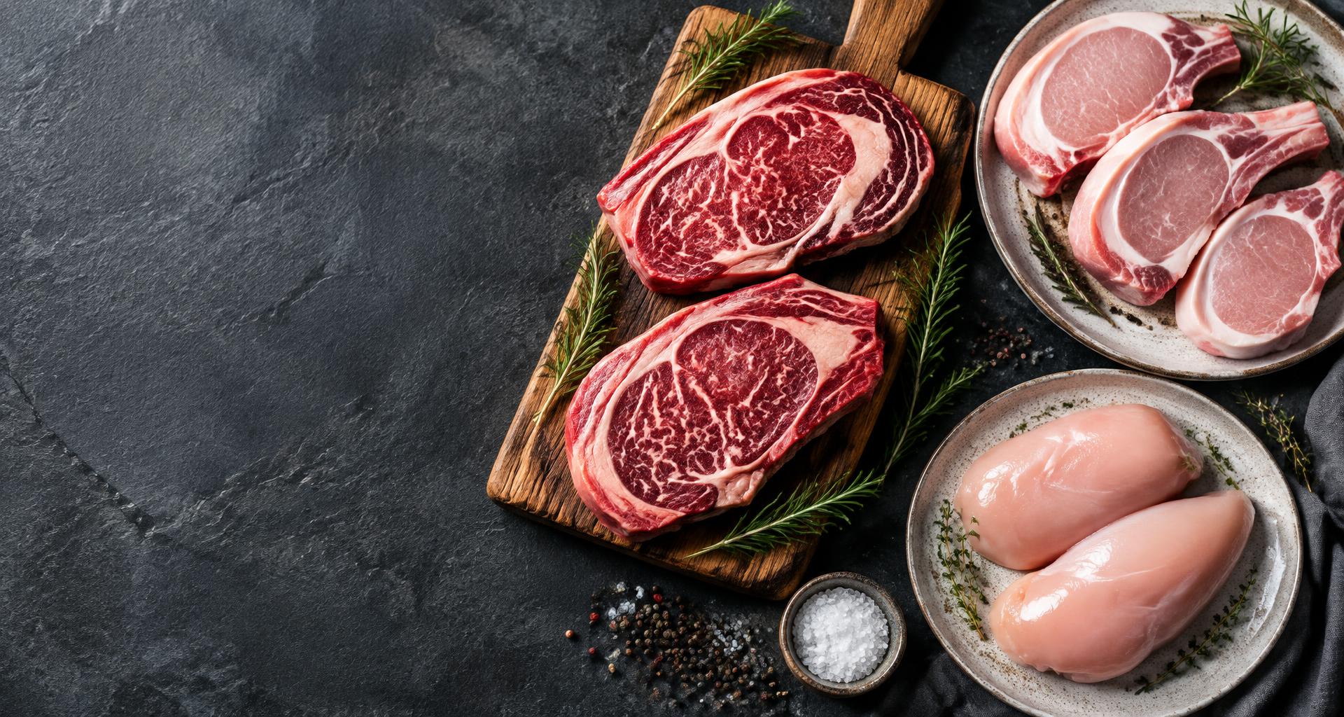 Beef steaks, pork chops and chicken breast arranged on a butcher’s counter